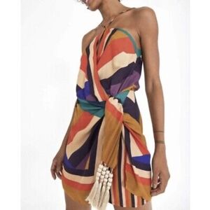 Farm Rio Amanda Rainbow Striped Mini Wrap Keyhole Dress Size Small